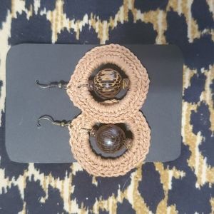 THANDMADE EARRINGS HANDCRAFTED KNITTED CIRCLES HOLLOWED OUT WITH WOOD BEAD